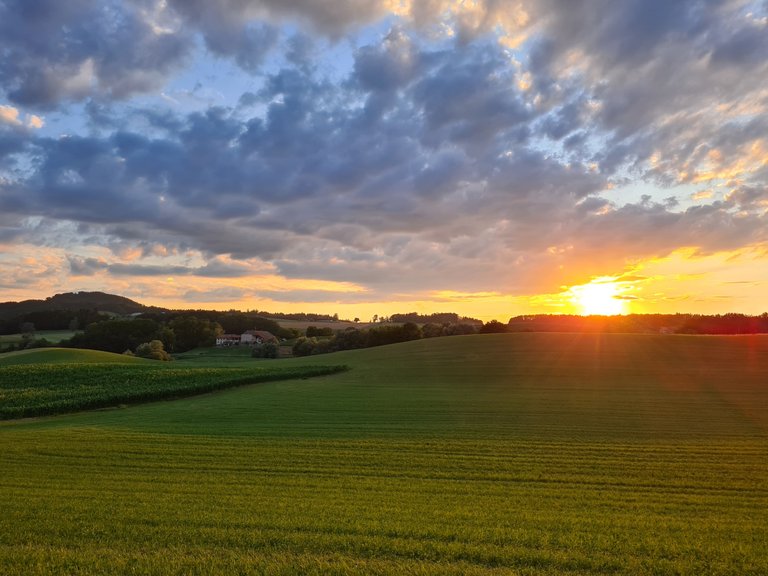 Vue sur la campagne de grand vaux et le coucher de soleil depuis le lac de Bret