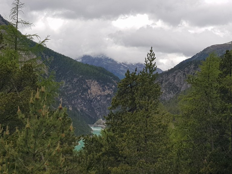 Vue sur le lac Lai da Ova Spin et les montagnes depuis la route longeant le Parc National Suisse