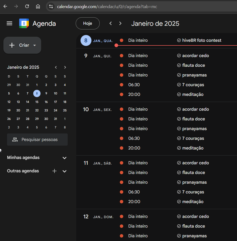 meu google agenda com as tarefas recorrentes pra 2025