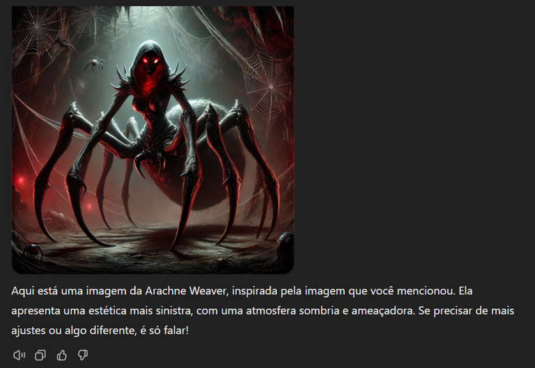 Here is an image of the Arachne Weaver, inspired by the image you mentioned. It features a more sinister aesthetic with a dark and threatening atmosphere. If you need further adjustments or something different, just let me know!