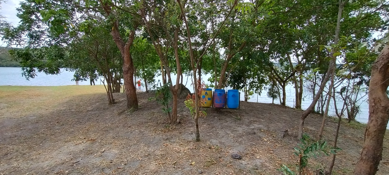 colored trash cans (that nobody obeys 😄😤) in the main swimming areas, all very wooded