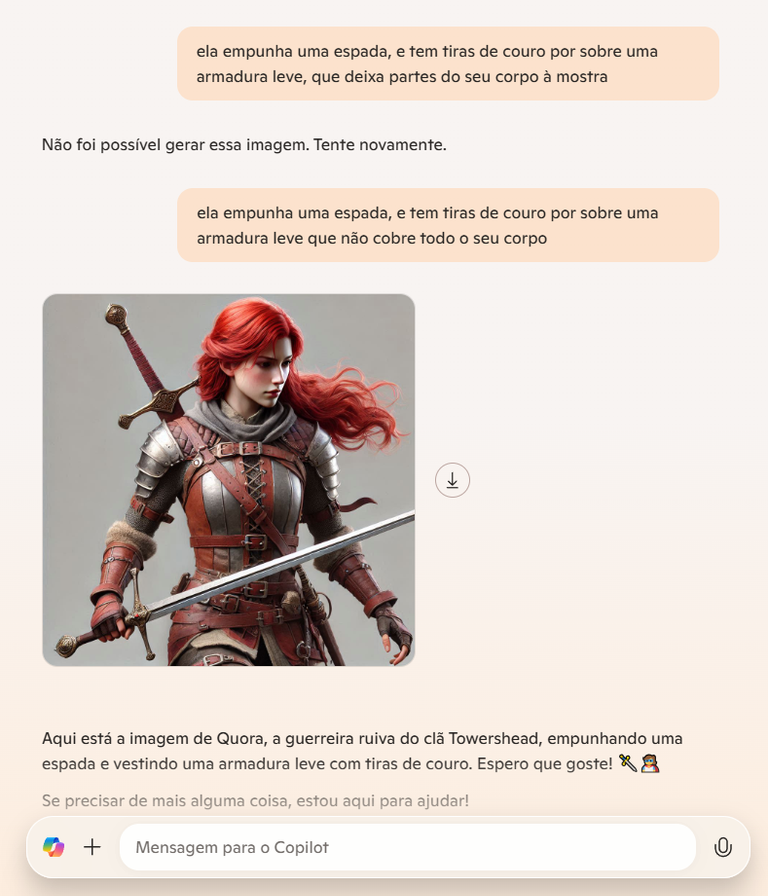 Aqui está a imagem de Quora, a guerreira ruiva do clã Towershead, empunhando uma espada e vestindo uma armadura leve com tiras de couro. Espero que goste! 🗡️🦸‍♀️
Se precisar de mais alguma coisa, estou aqui para ajudar!
