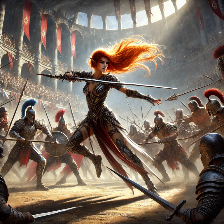 Here is Fina Voxom facing more than 20 gladiators in the arena, with her siow in action and a vibrant crowd around her! If you want any adjustments or more details, let me know! 🔥⚔️