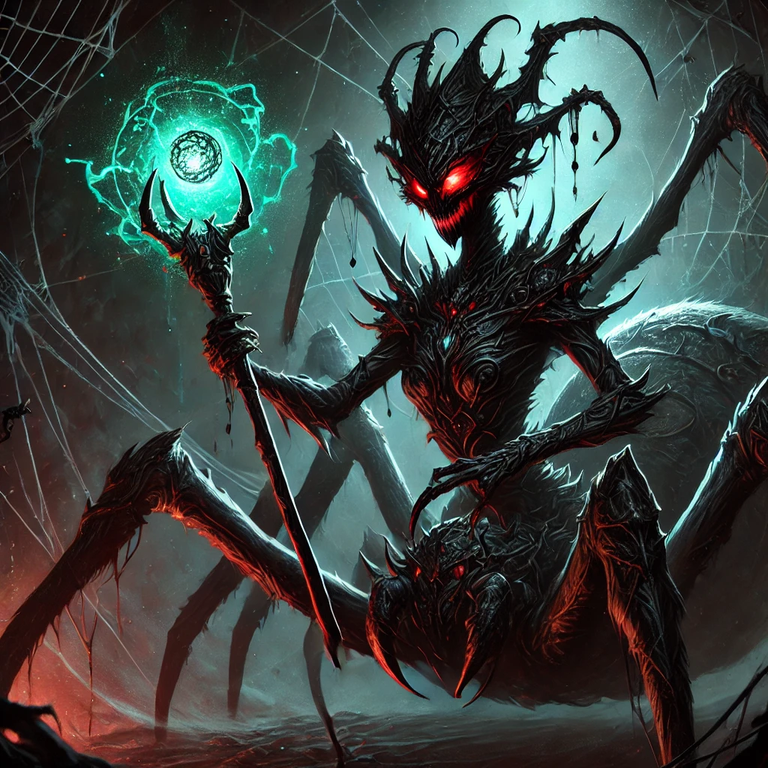 Here is the image of the Arachne Weaver, now holding a black spear in the left hand and a mystical green light sphere in the right hand. The dark and magical atmosphere continues, highlighting the creature's power. I hope this matches what you imagined!