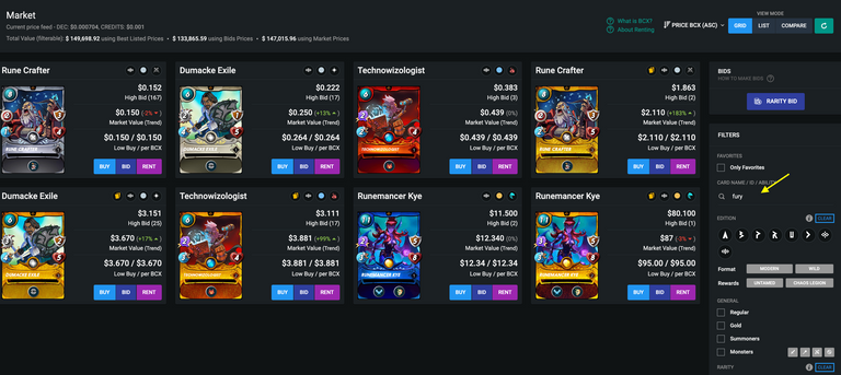 Searching cards with Fury ability on market page