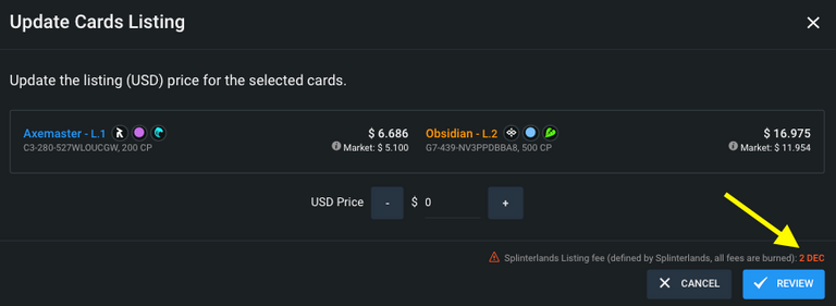 Update card listing price - selling