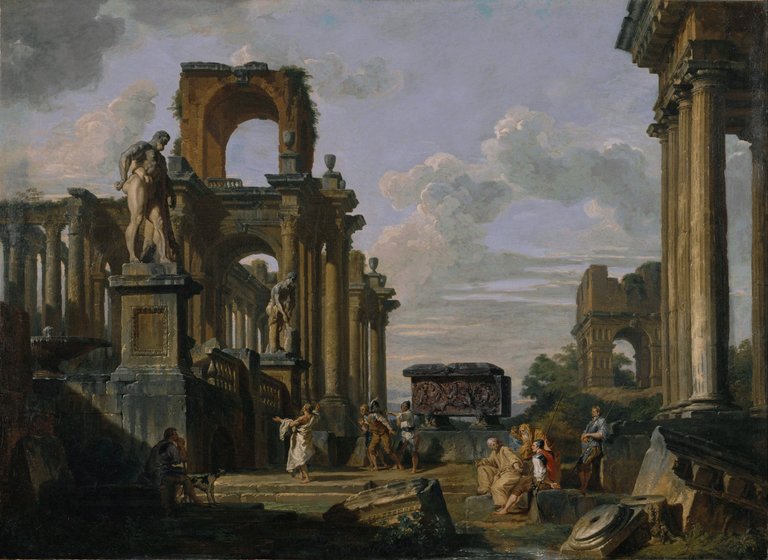 Giovanni_Paolo_Panini__An_Architectural_Capriccio_of_the_Roman_Forum_with_Philosophers_and_Soldiers_among_Ancient_Ruins,_in...__Google_Art_Project.jpg
