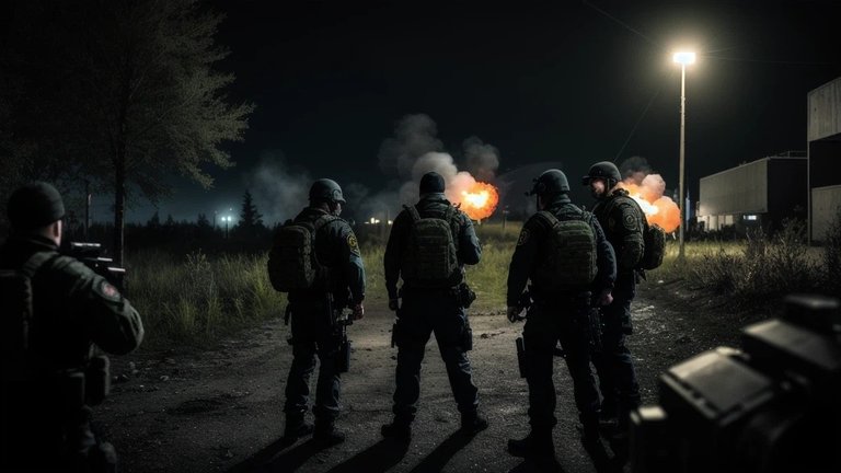 Tarkov AI Art - Escape From Tarkov PMC operatives shooting in a dark scene, wearing night vision with a large explosion in the horizon they are shooting towards.jpg