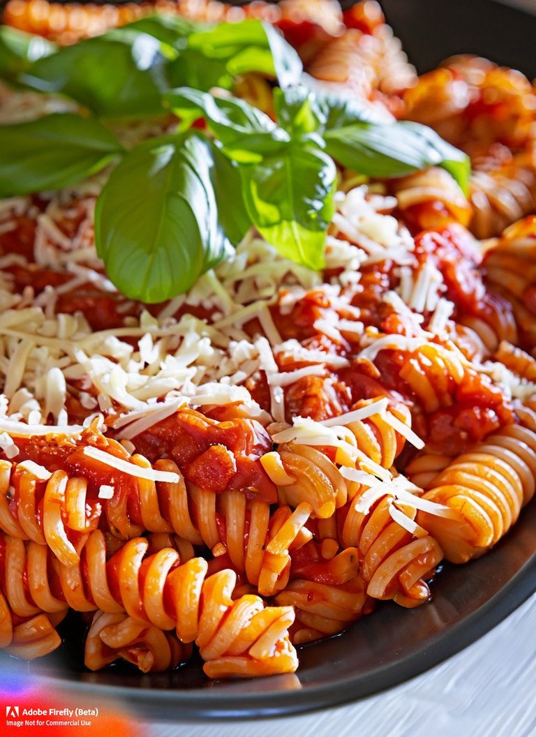 Firefly_A+photo of pasta taken with a Zeiss lens and natural lighting, highlighting the vibrant colors and... The pasta is presented in a shallow bowl, with a generous serving of tomato sauce and grated cheese on top. The colors of (1).jpg