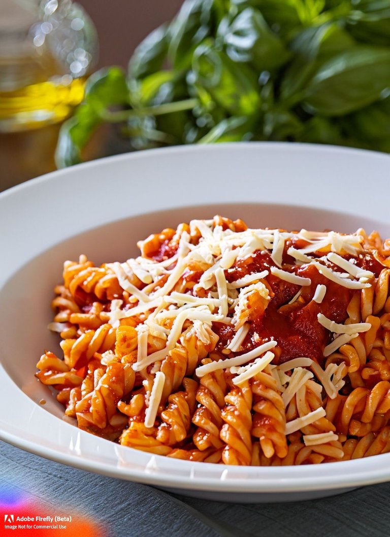 Firefly_A+photo of pasta taken with a Zeiss lens and natural lighting, highlighting the vibrant colors and... The pasta is presented in a shallow bowl, with a generous serving of tomato sauce and grated cheese on top. The colors of.jpg