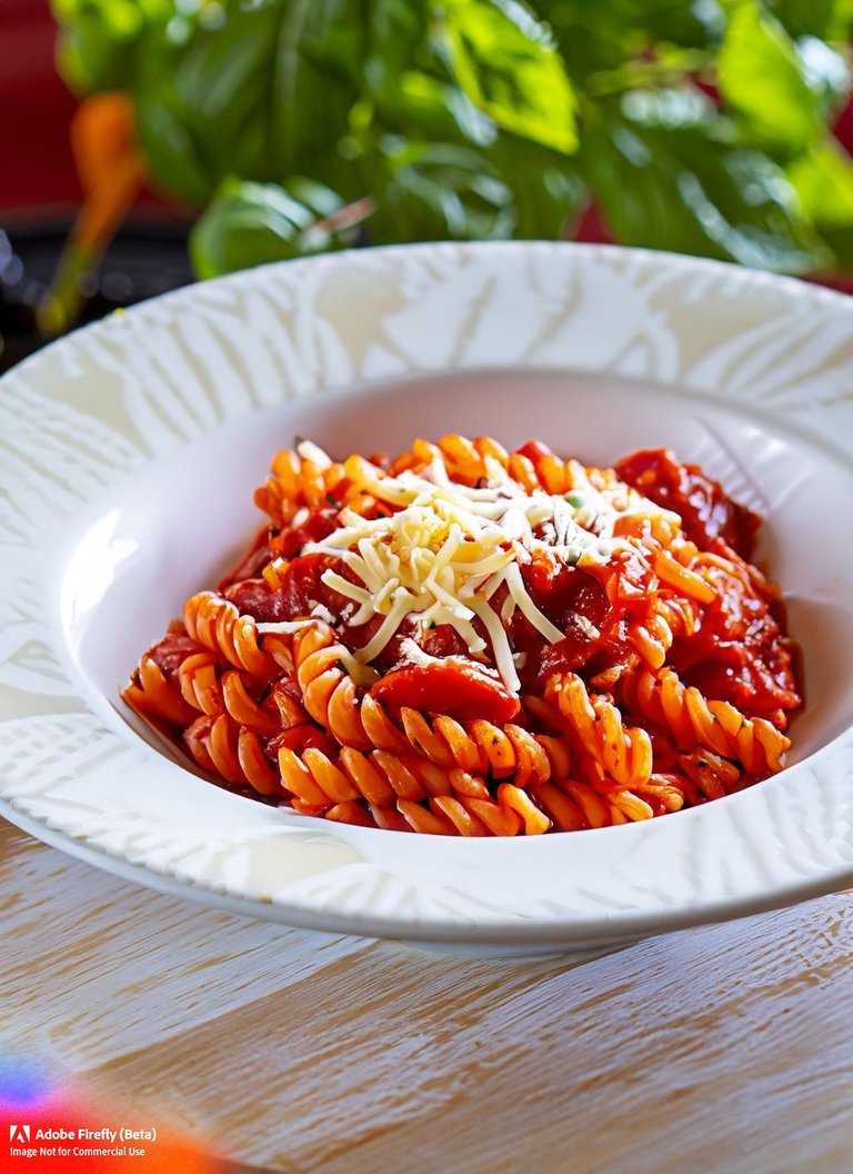 Firefly_A+photo of pasta taken with a Zeiss lens and natural lighting, highlighting the vibrant colors and... The pasta is presented in a shallow bowl, with a generous serving of tomato sauce and grated cheese on top. The colors of (2).jpg