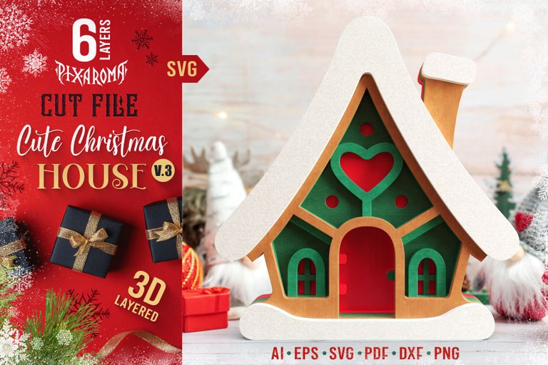 1 Cute Christmas House - 3D Layered Cut File V3 Preview Main.jpg