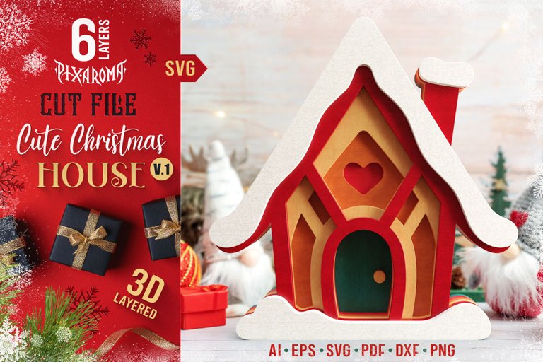 1 Cute Christmas House - 3D Layered Cut File V1 Preview Main.jpg