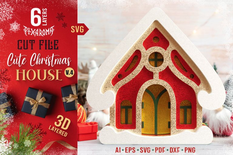 1 Cute Christmas House - 3D Layered Cut File V4 Preview Main.jpg