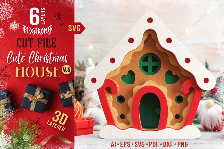 1 Cute Christmas House - 3D Layered Cut File V5 Preview Main.jpg