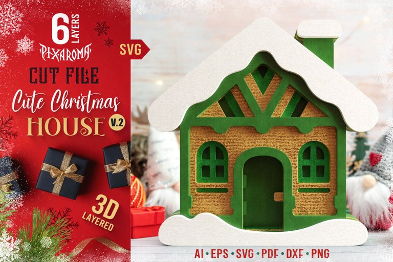 1 Cute Christmas House - 3D Layered Cut File V2 Preview Main.jpg