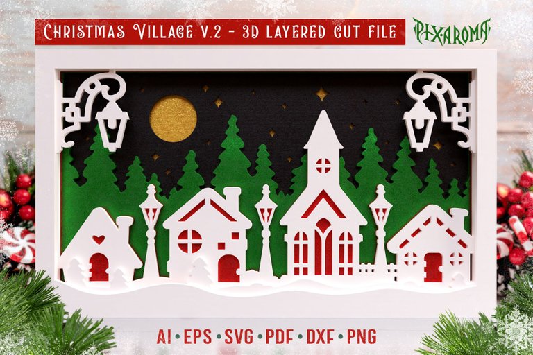 1 Christmas Village V2 - 3D Layered Cut File Main Preview.jpg