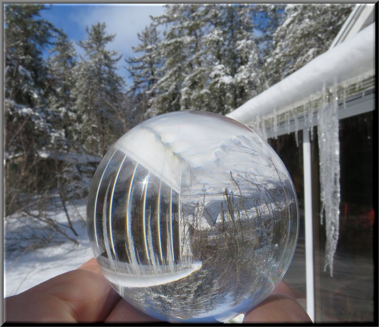 hand holding crystal ball reflecting icicles and snow covered trees.JPG