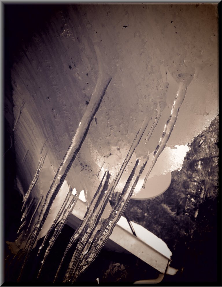 underneath view of group of icicles on overhang of snow in sepia coloring.JPG