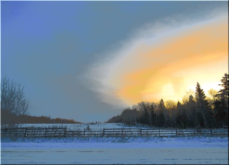 filter creates bright with orage cloud formation over trees by pasture.JPG