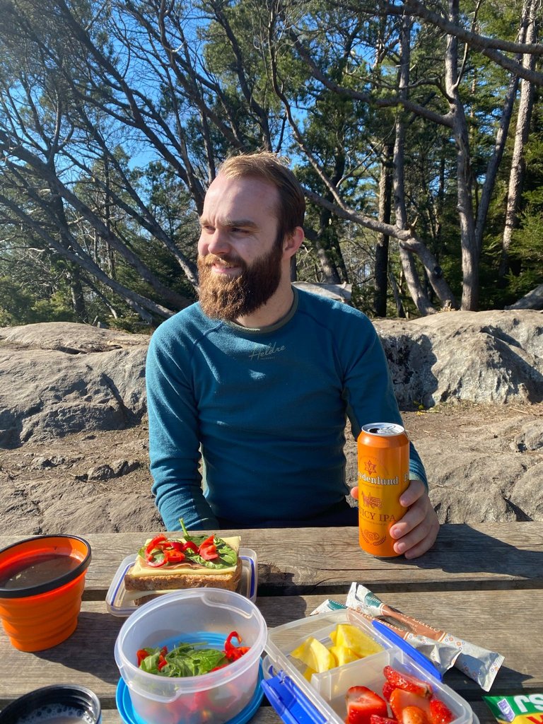 Happy camper with his beer.