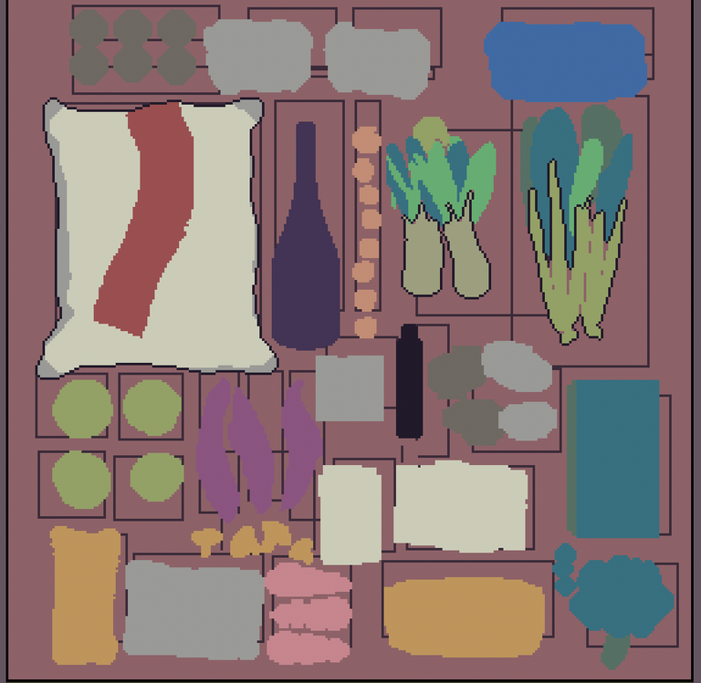 Blocked out main colors and silhouettes of each item