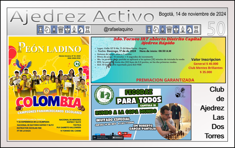 Fecodaz para Todos, Agenda ajedrecística, Revista del Ajedrez en Colombia, Ejercicio de Mate en Uno