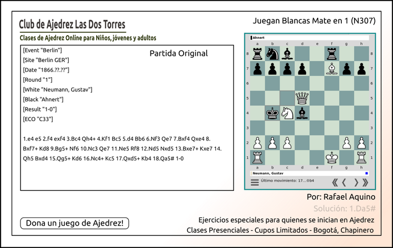 📌 Ejercicio de Mate en Uno N307 - Esquema de Mate - Apertura Gambito de Rey