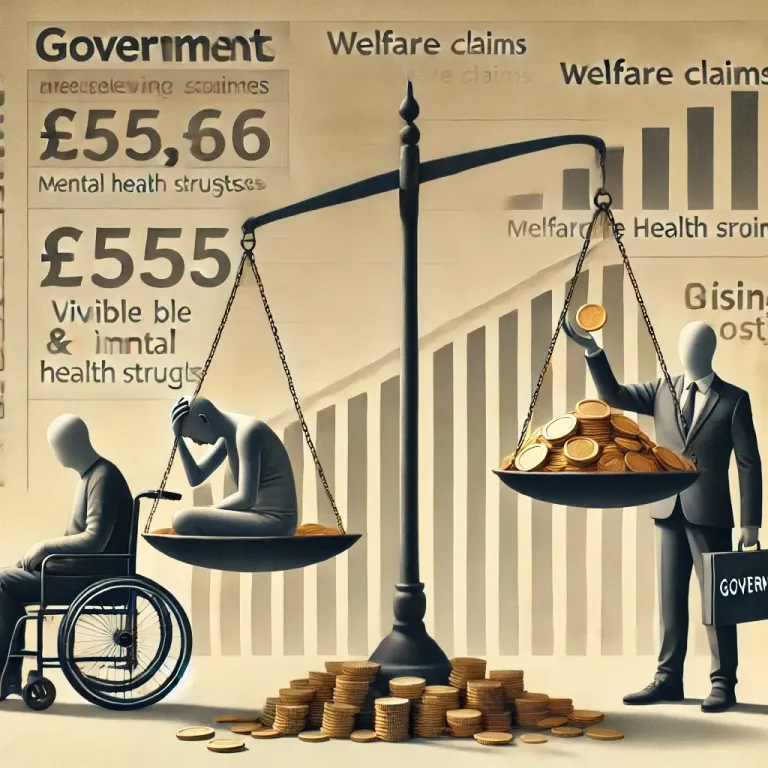 DALL·E 2025-03-09 18.15.35 - A conceptual illustration of the UK welfare benefits system. The image features a balance scale_ on one side, a person with visible disabilities (usin.webp