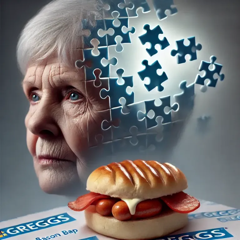 DALL·E 2025-02-05 19.21.14 - A realistic representation of a Greggs bacon and sausage bap linked to dementia in older people. The image features a close-up of a bacon and sausage .webp