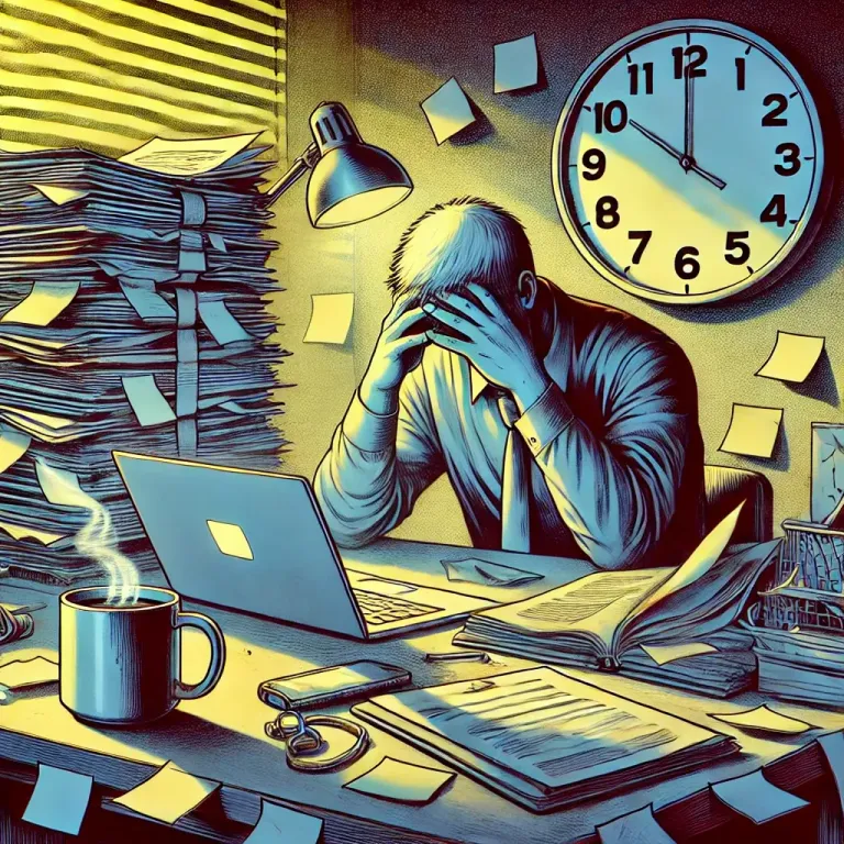 DALL·E 2024-12-02 17.28.21 - A vivid illustration capturing the essence of a stressful work week_ a cluttered office desk with stacks of papers, a laptop with multiple open tabs, .webp