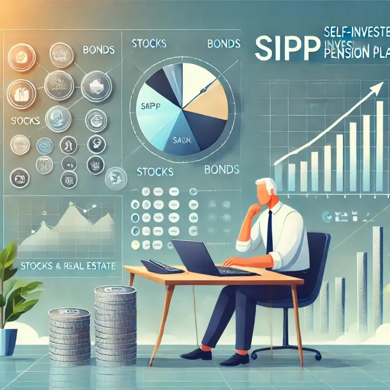 DALL·E 2025-01-18 18.06.52 - An informative and visually engaging illustration of a Self-Invested Pension Plan (SIPP) concept. The image features a professional setting with a mid.webp