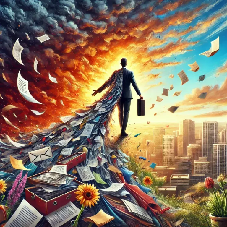 DALL·E 2025-02-08 08.36.13 - A surreal artwork depicting the feeling of relief and transition. A person is seen shedding a heavy cloak made of papers, emails, and office supplies,.webp