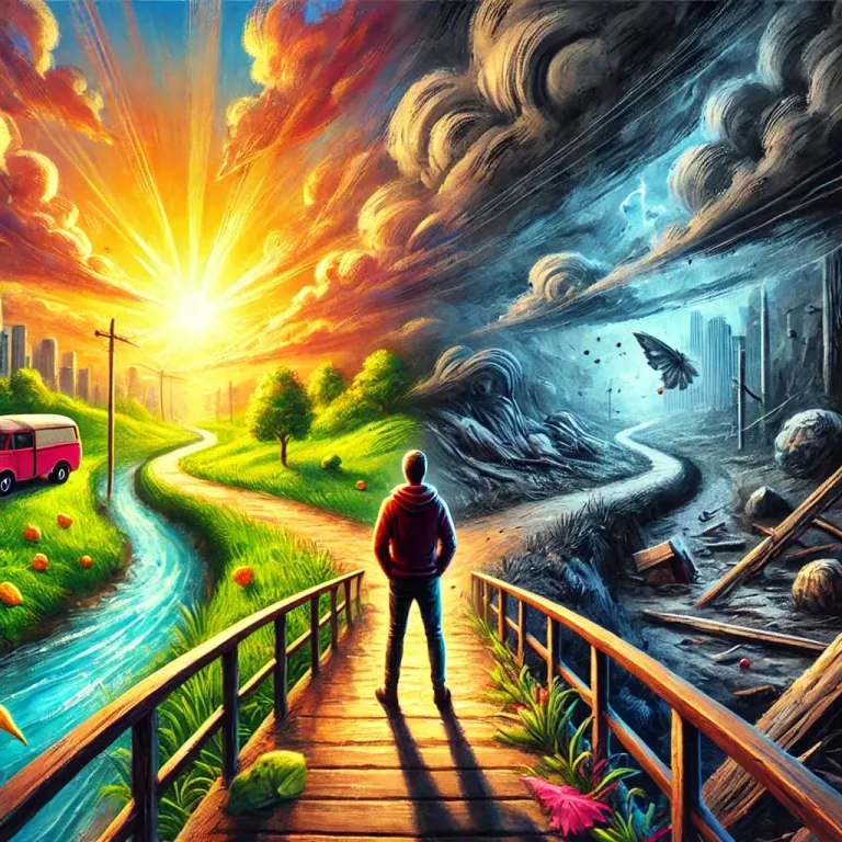 DALL·E 2024-12-02 17.30.28 - A surreal artistic depiction of indecision, showing a person standing on a bridge with two paths ahead. One side appears vibrant and inviting with a b.webp