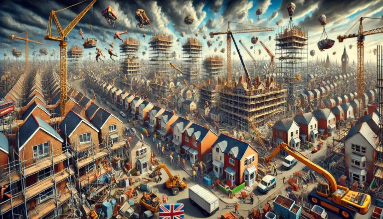 DALL·E 2025-02-10 20.26.17 - A surreal depiction of Britain in a frenzy of house construction. Construction workers, cranes, and machinery operate chaotically, assembling houses a.webp