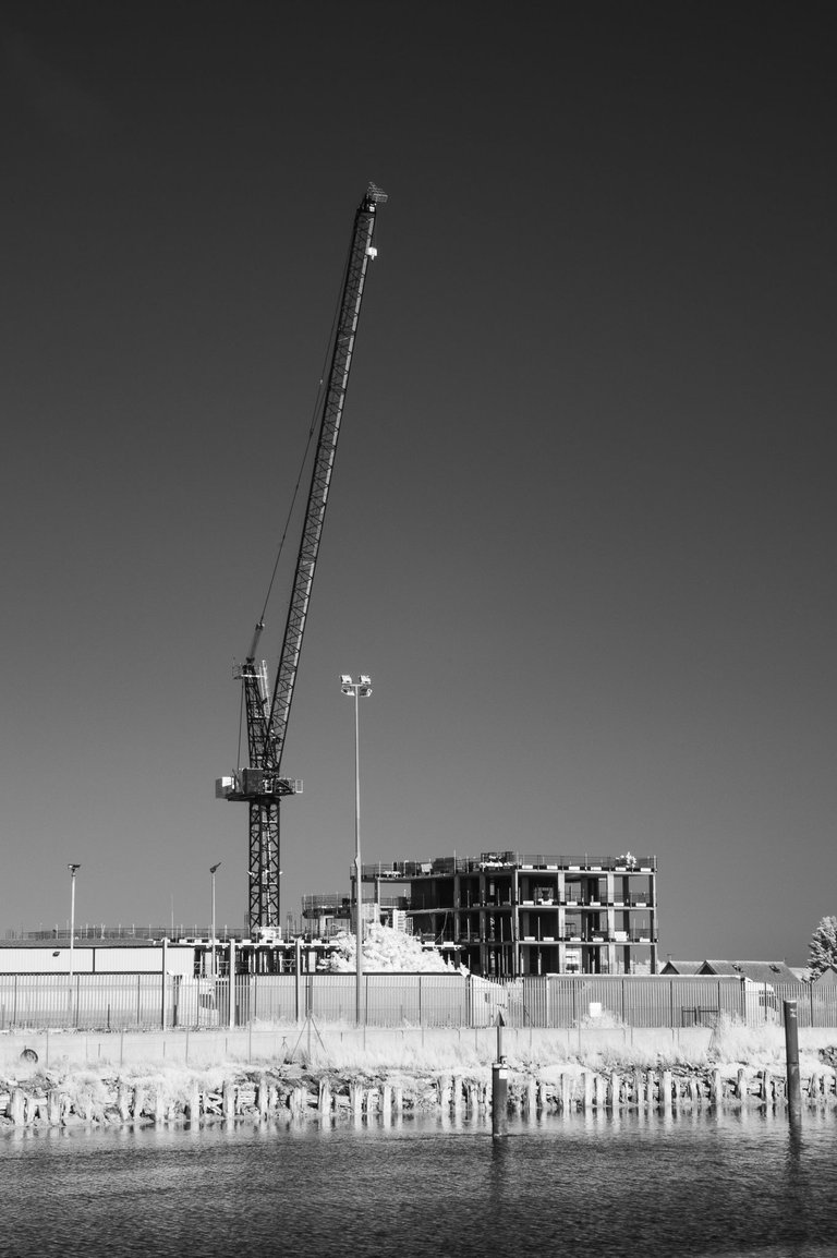 Dock crane in Infrared converted to black and white