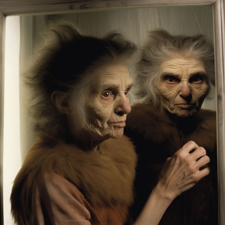 river_flows_old_modern_woman_with_hairy_eyebrows_looking_into_a_0ef72c35-4ced-456e-93f3-42921c5417fe.png