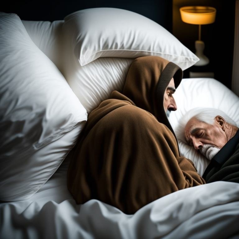 fuups.ai_A hooded man looking at an old man lying dead in bed on white sheets..jpg
