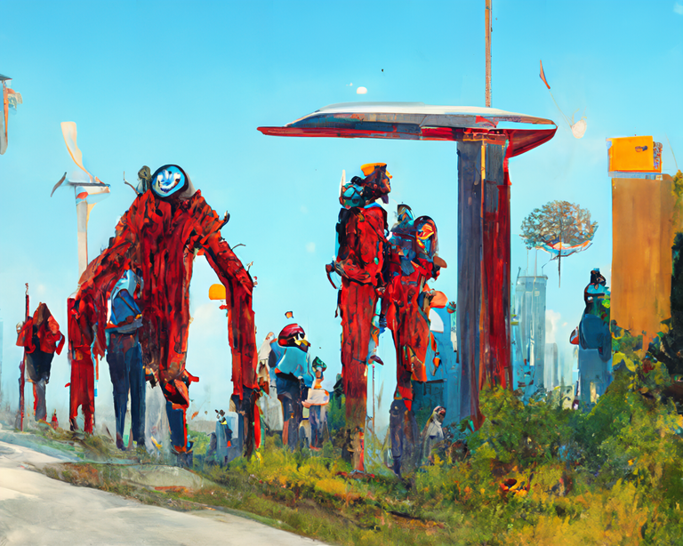 AI image - command: Happy people in line for voting on an issue in a futuristic city with trees