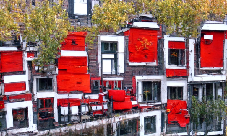 "Hotels stacked on top of eachother near Amsterdam Canals, color theme: red, in style of Vincent van Gogh"