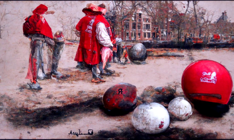 Playing petanque near Amsterdam Canals in style of Rembrandt van Rijn