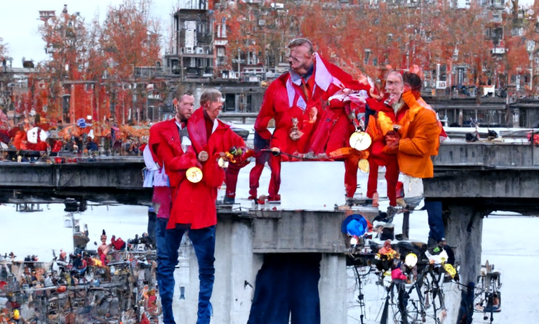 Three Olympic Winners on a Winner Stage on a bridge in Amsterdam holding their medals in style of Vincent van Gogh
