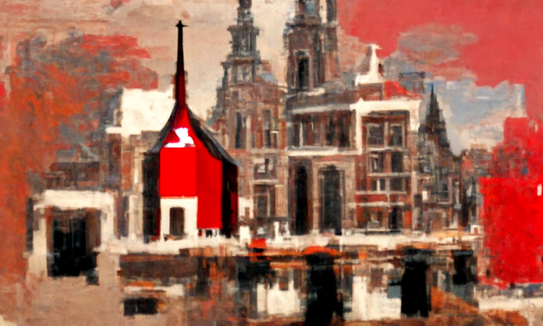 Zuiderkerk Amsterdam in style of Johannes Vermeer, red color theme