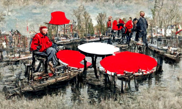 Floating round tables in canal of Amsterdam' in style of Vincent van Gogh