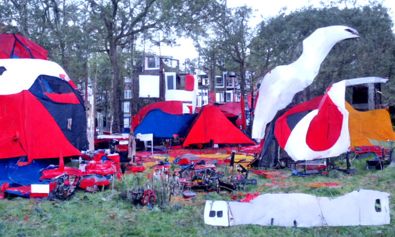 "Campsite in Amsterdam in style of Karel Appel", "red color scheme"