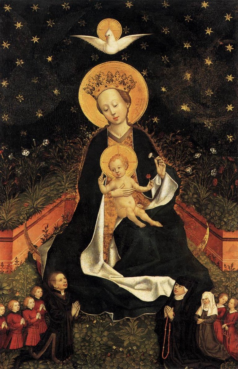 Madonna on a Crescent Moon in Hortus Conclusus by the Master of 1456. - Gemäldegalerie, Public domain, via Wikimedia Commons.