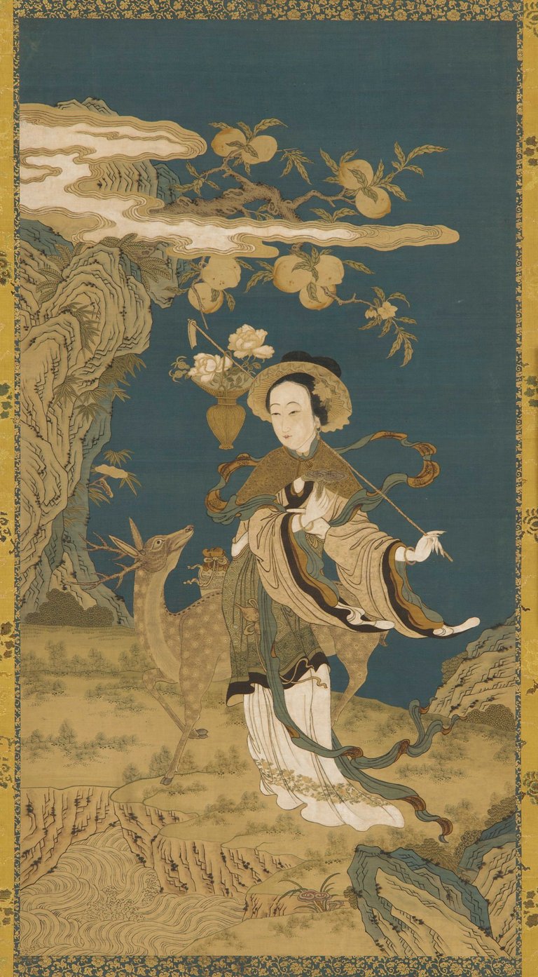 Immortal Magu with deer and peach tree. Freer Gallery of Art, Public domain, via Wikimedia Commons.