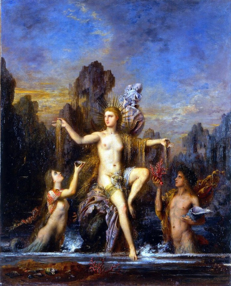 "Venus rising from the Sea" by Gustave Moreau (1866). Gustave Moreau, Public domain, via Wikimedia Commons. Color edits.