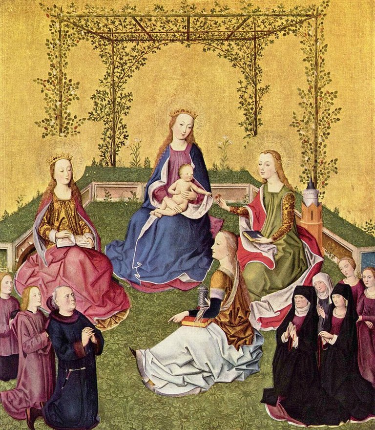 Maria im Rosenhaag mit Heiligen und Stiftern von Kölner Maler um 1430. - Gemäldegalerie, Public domain, via Wikimedia Commons.