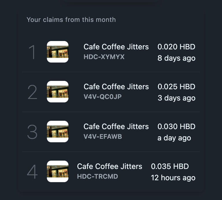 Cash back claim history from this month